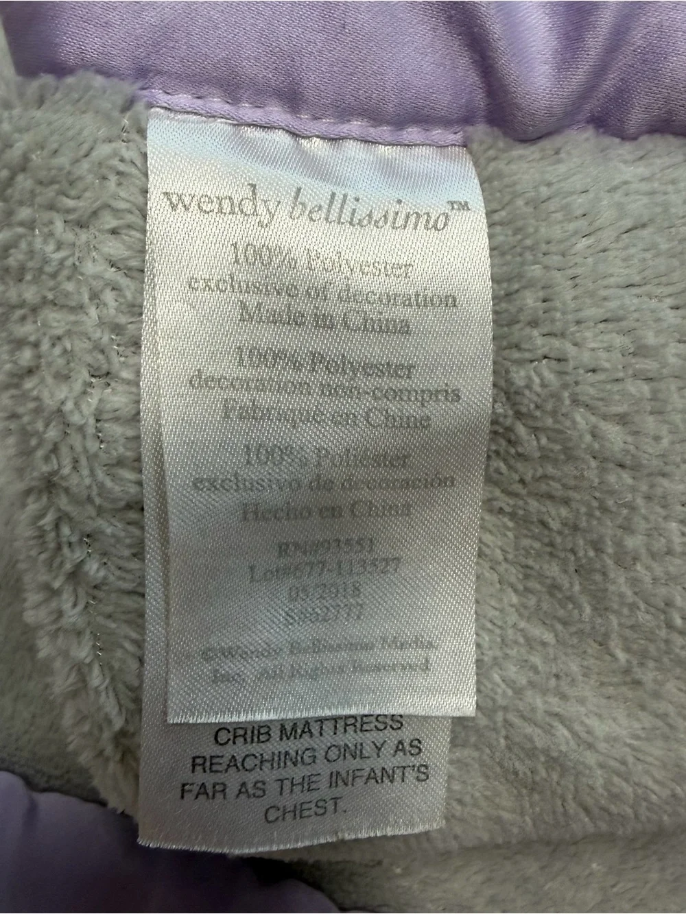 Wendy Bellissimo Gray Plush Baby Blanket with Lavender Satin Edge